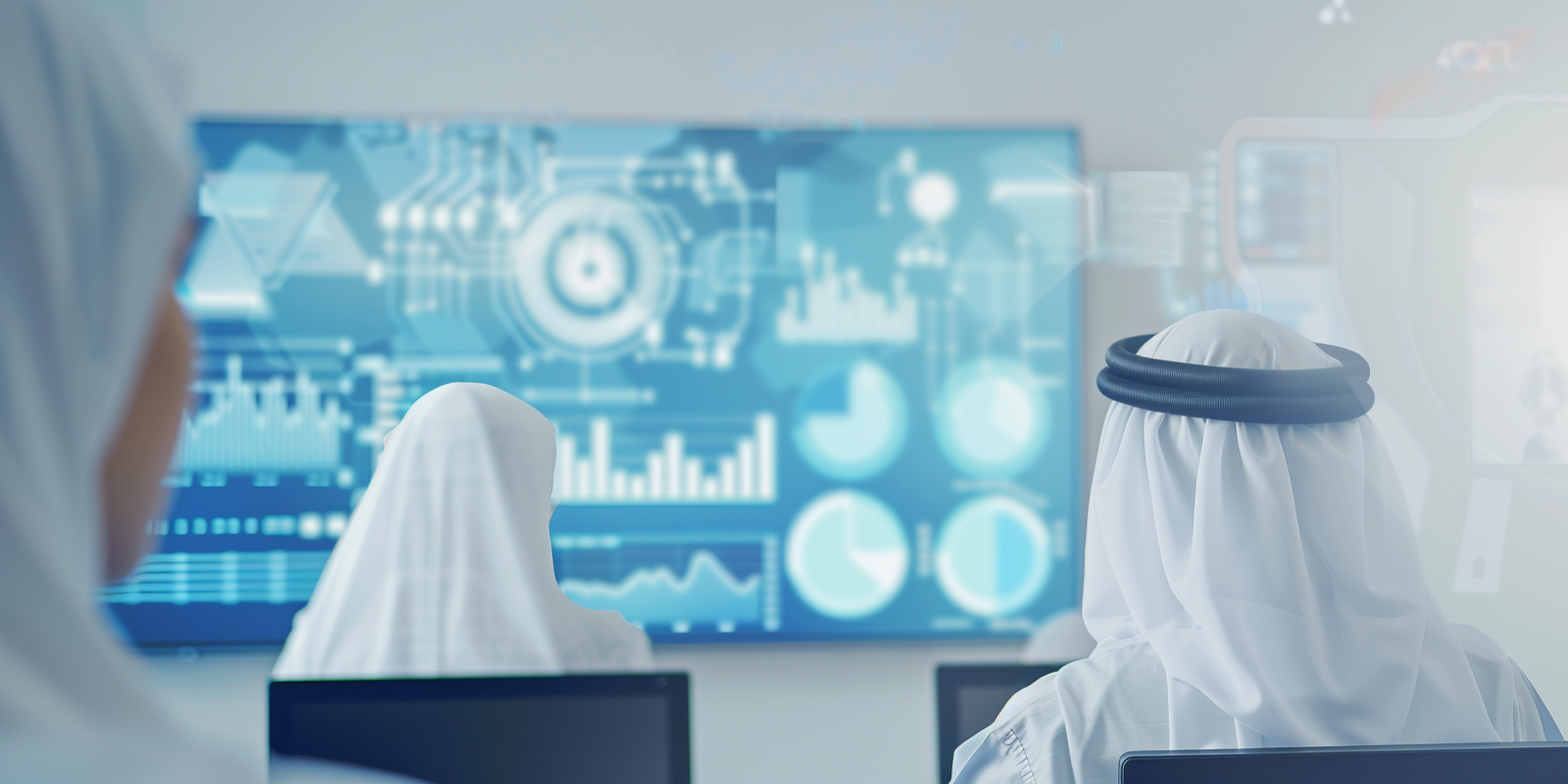 Team reviewing live data dashboards in a command-center environment