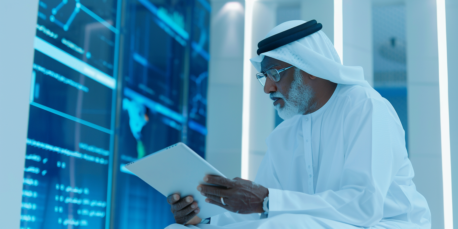 Business leader reviewing code and data feeds on a tablet in a command center